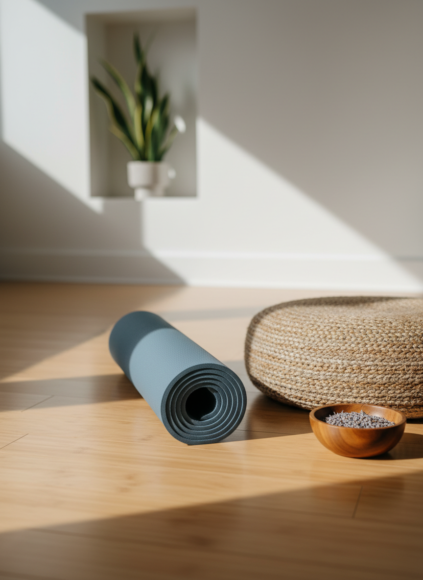 A close-up, photographic image of a single rolled yoga mat made of natural rubber in a soft slate-blue color, resting diagonally on smooth bamboo flooring. Beside it lies a woven jute meditation cushion and a small wooden bowl filled with dried lavender. In the background, slightly out of focus, a minimalist white wall features a subtle niche with a potted green plant, adding a fresh touch. Late-afternoon natural light from an unseen window casts long, gentle shadows, creating a peaceful, contemplative mood. Shot from a low, three-quarter angle with shallow depth of field, emphasizing textures and materials, conveying professionalism and calm suitable for a yoga studio homepage hero image.