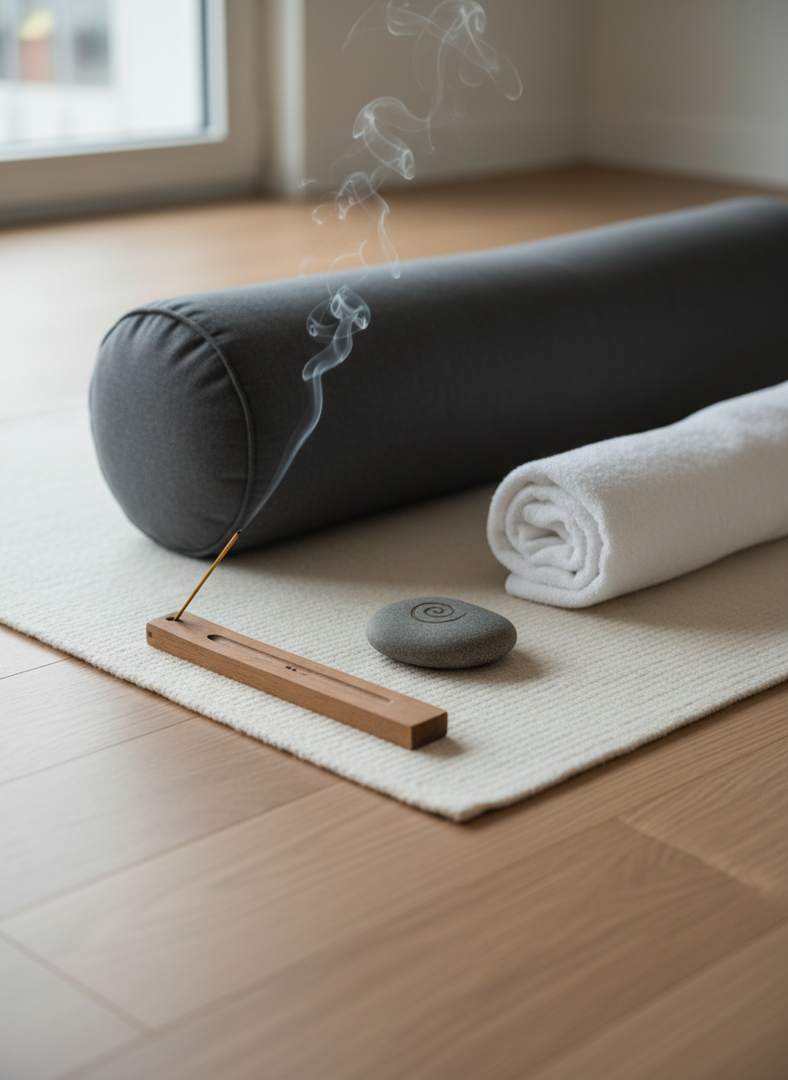A close, photographic detail of a breathing and relaxation corner inside a yoga studio: a thick woolen blanket in soft ivory is spread on pale oak flooring, topped with a dark grey bolster and a neatly rolled cotton towel. A small, smooth river stone engraved-like symbol (without readable text) rests by a wooden incense holder releasing a thin wisp of smoke. A nearby window, just out of frame, lets in gentle, diffused daylight, creating delicate highlights on the stone and soft shadows under the bolster. The mood is deeply soothing and introspective, with a minimalist composition and shallow depth of field that keeps the focus on the tactile objects and atmosphere of calm guidance.