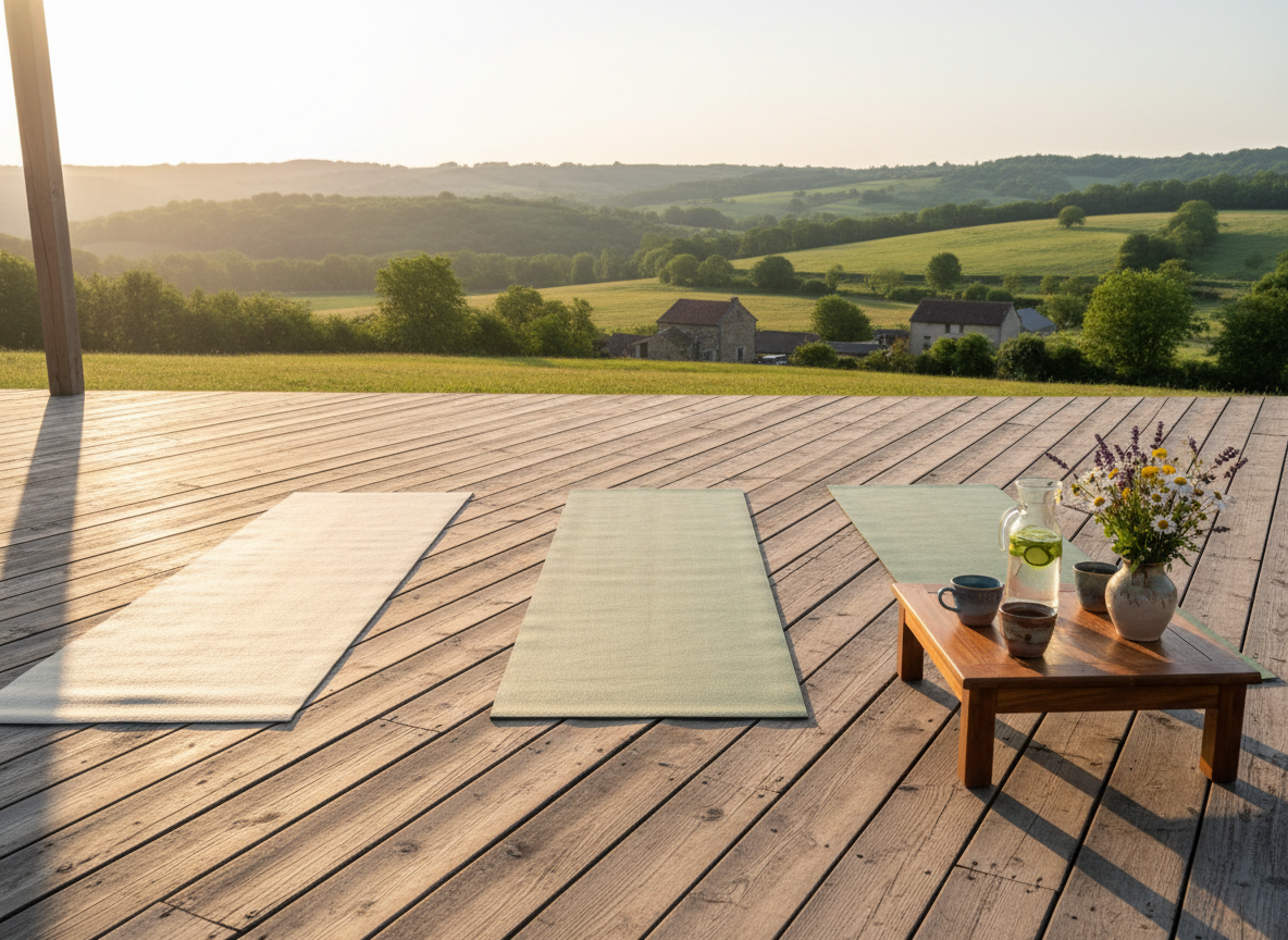 A tranquil retreat setting associated with a yoga studio, captured in photographic realism: a spacious wooden deck overlooking soft, rolling hills near Lavelanet, with three unrolled linen-textured yoga mats in natural tones aligned toward the view. A low wooden table at the side holds a carafe of infused water, ceramic cups, and a small vase of wildflowers. Early golden hour light bathes the scene, casting warm, elongated shadows and creating a serene, contemplative ambiance. Shot from a slightly elevated angle so the mats lead the eye into the distant landscape, suggesting travel, retreats, and immersive Hatha Yoga experiences while maintaining a professional, refined aesthetic and no people present.