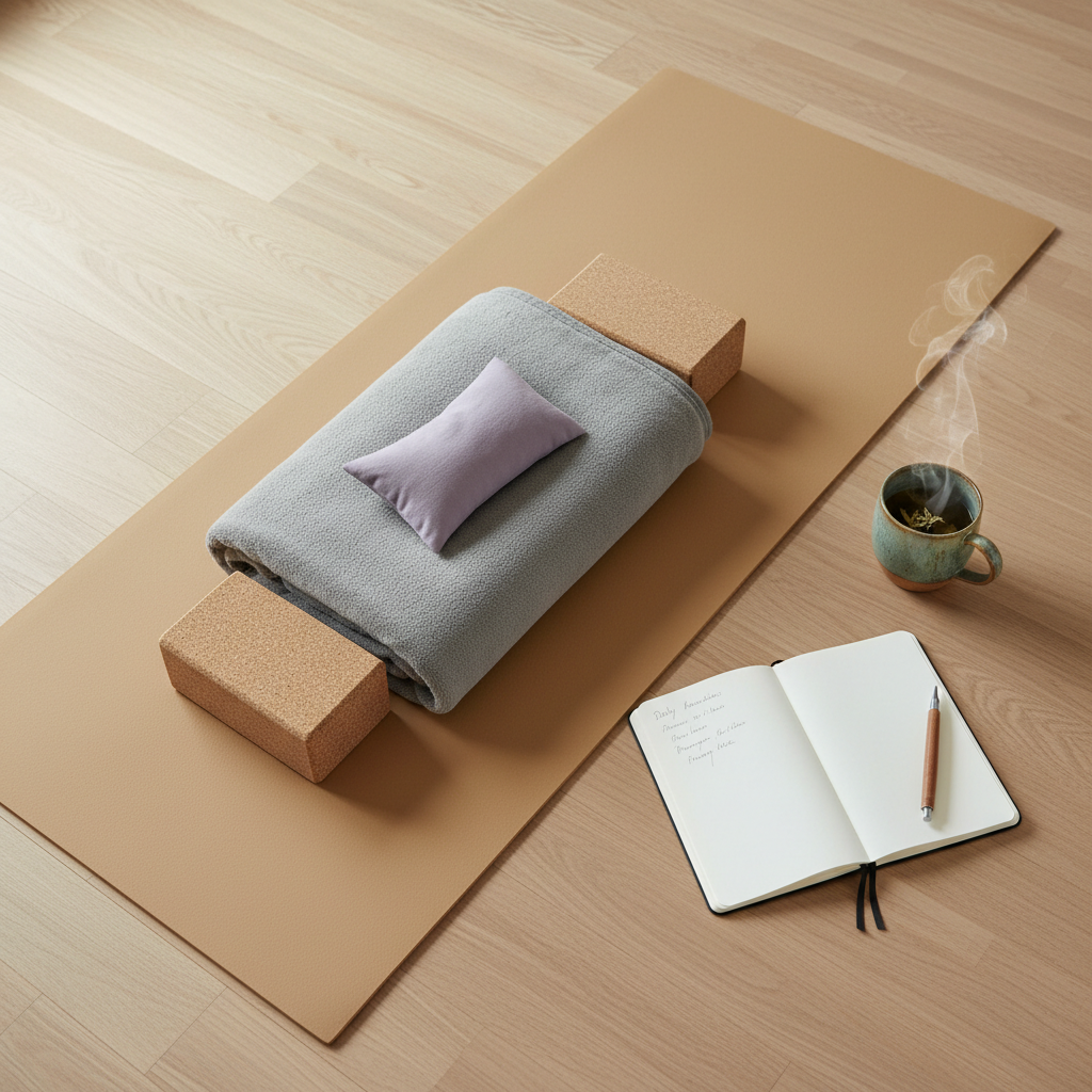 An overhead, photographic view of a carefully arranged Hatha Yoga practice setup prepared for a relaxation session. A sand-colored mat lies centered on light beechwood flooring, topped with a neatly folded soft grey blanket, cork blocks, and a cotton eye pillow. To one side, an open notebook with a wooden pen suggests daily practice tips and breathing notes, while a ceramic cup of herbal tea emits faint steam. Diffused daylight from an off-frame window softly illuminates the scene, with no harsh contrasts, creating a tranquil, inviting atmosphere. The composition follows the rule of thirds, with ample negative space, ideal as a calm and professional banner image for a yoga website.