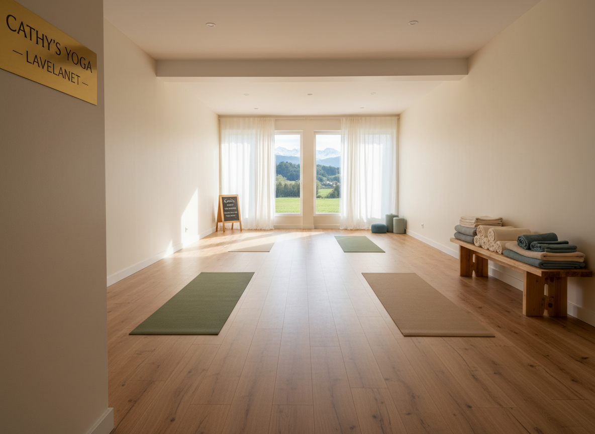 A wide, photographic shot of Cathy’s yoga studio in Lavelanet viewed from the entrance, showcasing an elongated practice room with four evenly spaced mats in muted green and sand tones. The walls are painted warm off-white, accented with a single natural wood bench holding folded blankets and neatly stacked bolsters. At the far end, large windows hint at the surrounding Pyrenean landscape through sheer curtains, softly diffusing the light. The soft morning brightness creates a tranquil glow, with gentle shadows along the floorboards. Eye-level composition with balanced symmetry, crisp focus, and a calm, professional mood that highlights the inviting, well-organized space for classes, workshops, and course reservations.